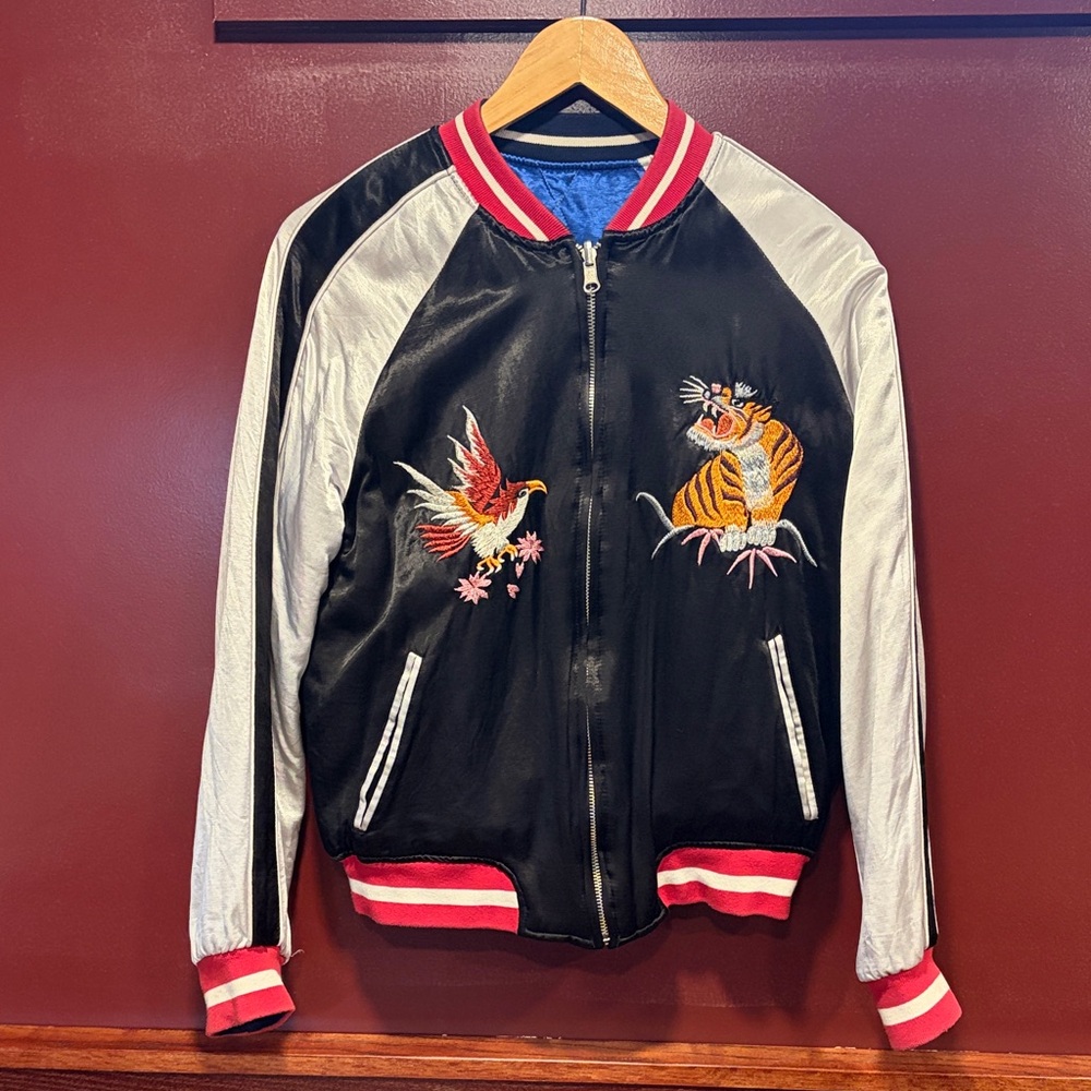 Black and White / Blue & White Embroidered Satin Bomber reversible